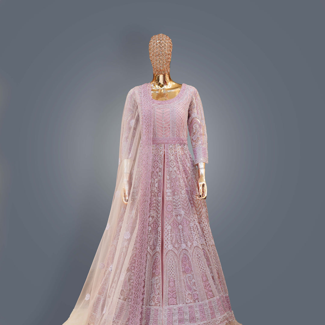 Rose Pink Designer Anarkali Bridal Dress with Sequins & Threadwork Embroidery