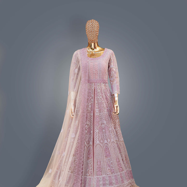 Rose Pink Designer Anarkali Bridal Dress with Sequins & Threadwork Embroidery