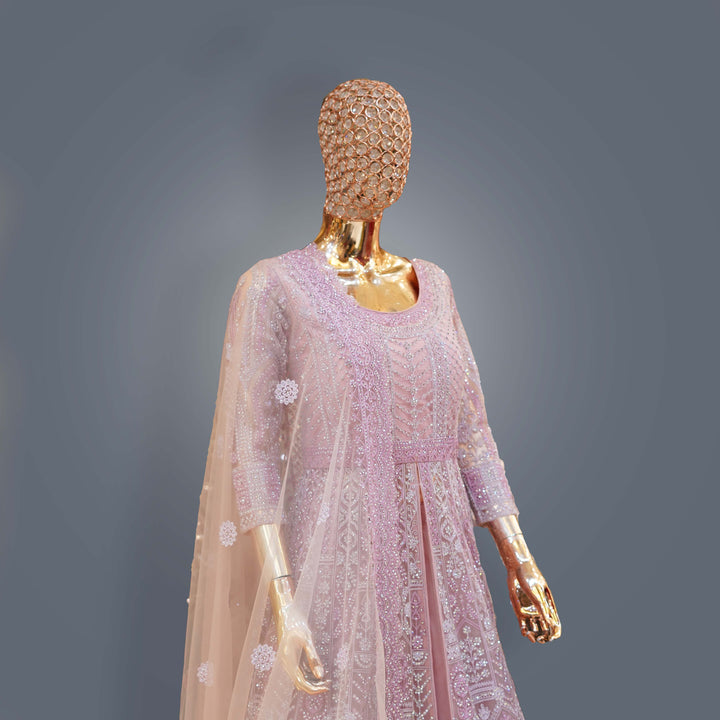 Rose Pink Designer Anarkali Bridal Dress with Sequins & Threadwork Embroidery