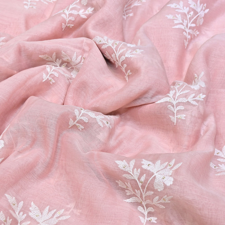 LIght Pink Color Mul Chanderi Thread Embroidery Fabric – Soft Lightweight Designer Fabric- V2359C-1