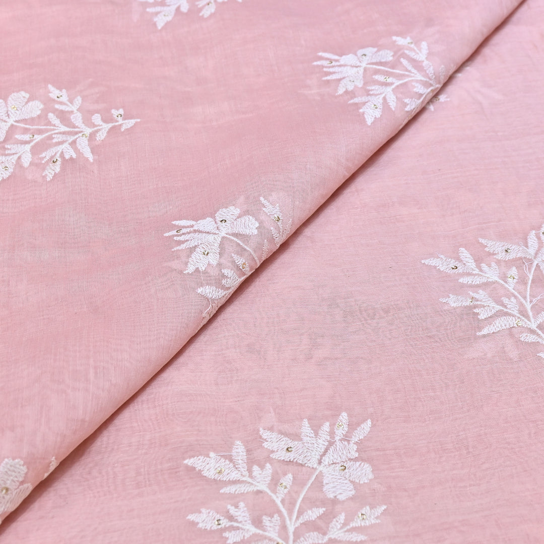 LIght Pink Color Mul Chanderi Thread Embroidery Fabric – Soft Lightweight Designer Fabric- V2359C-1