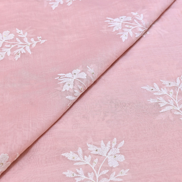 LIght Pink Color Mul Chanderi Thread Embroidery Fabric – Soft Lightweight Designer Fabric- V2359C-1