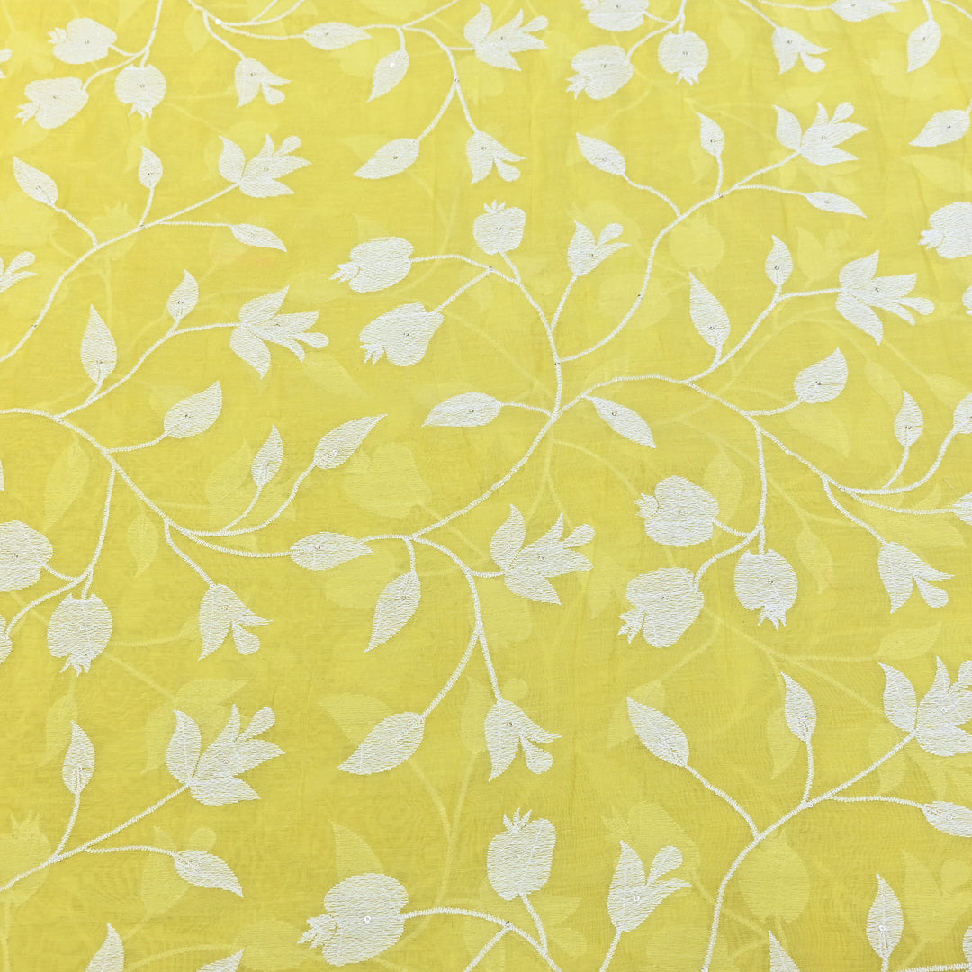 Lemon Yellow Color Mul Chanderi Thread Embroidery Fabric – Soft Lightweight Designer Fabric- V2274C-2