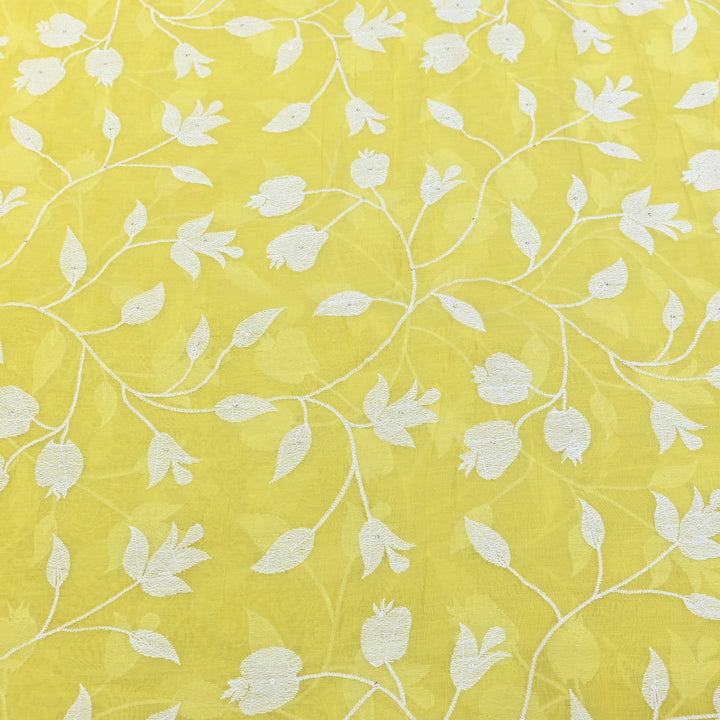 Lemon Yellow Color Mul Chanderi Thread Embroidery Fabric – Soft Lightweight Designer Fabric- V2274C-2