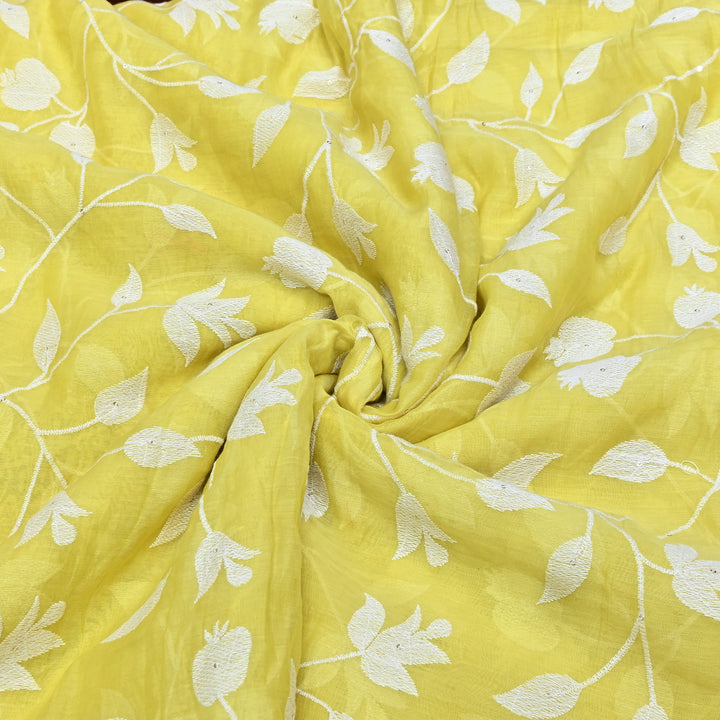 Lemon Yellow Color Mul Chanderi Thread Embroidery Fabric – Soft Lightweight Designer Fabric- V2274C-2