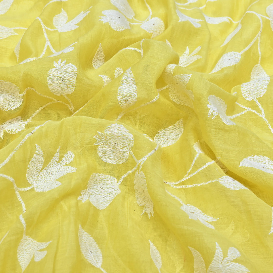 Lemon Yellow Color Mul Chanderi Thread Embroidery Fabric – Soft Lightweight Designer Fabric- V2274C-2