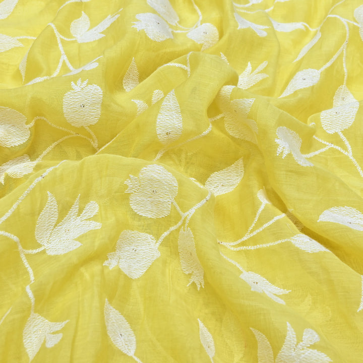 Lemon Yellow Color Mul Chanderi Thread Embroidery Fabric – Soft Lightweight Designer Fabric- V2274C-2