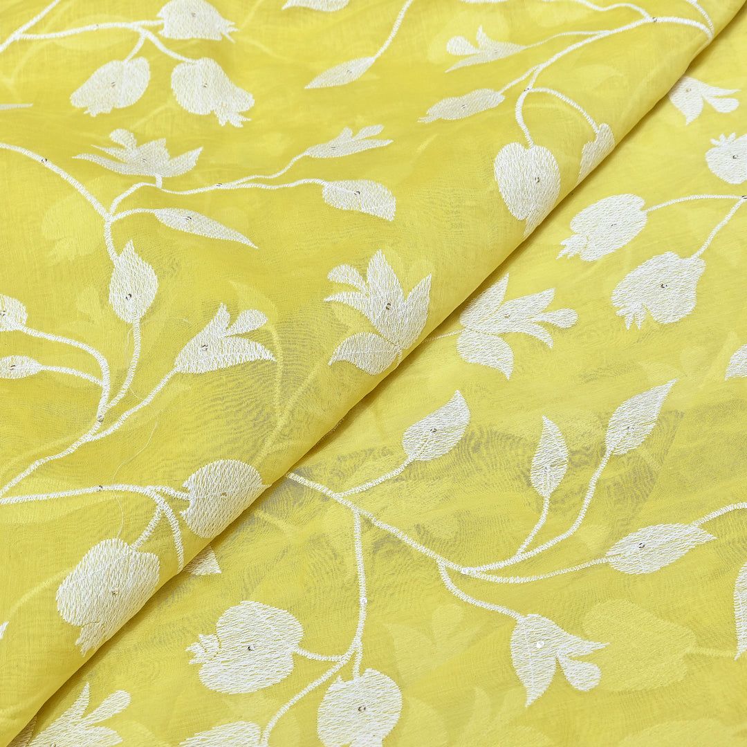 Lemon Yellow Color Mul Chanderi Thread Embroidery Fabric – Soft Lightweight Designer Fabric- V2274C-2