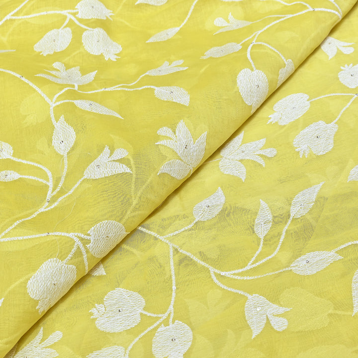 Lemon Yellow Color Mul Chanderi Thread Embroidery Fabric – Soft Lightweight Designer Fabric- V2274C-2