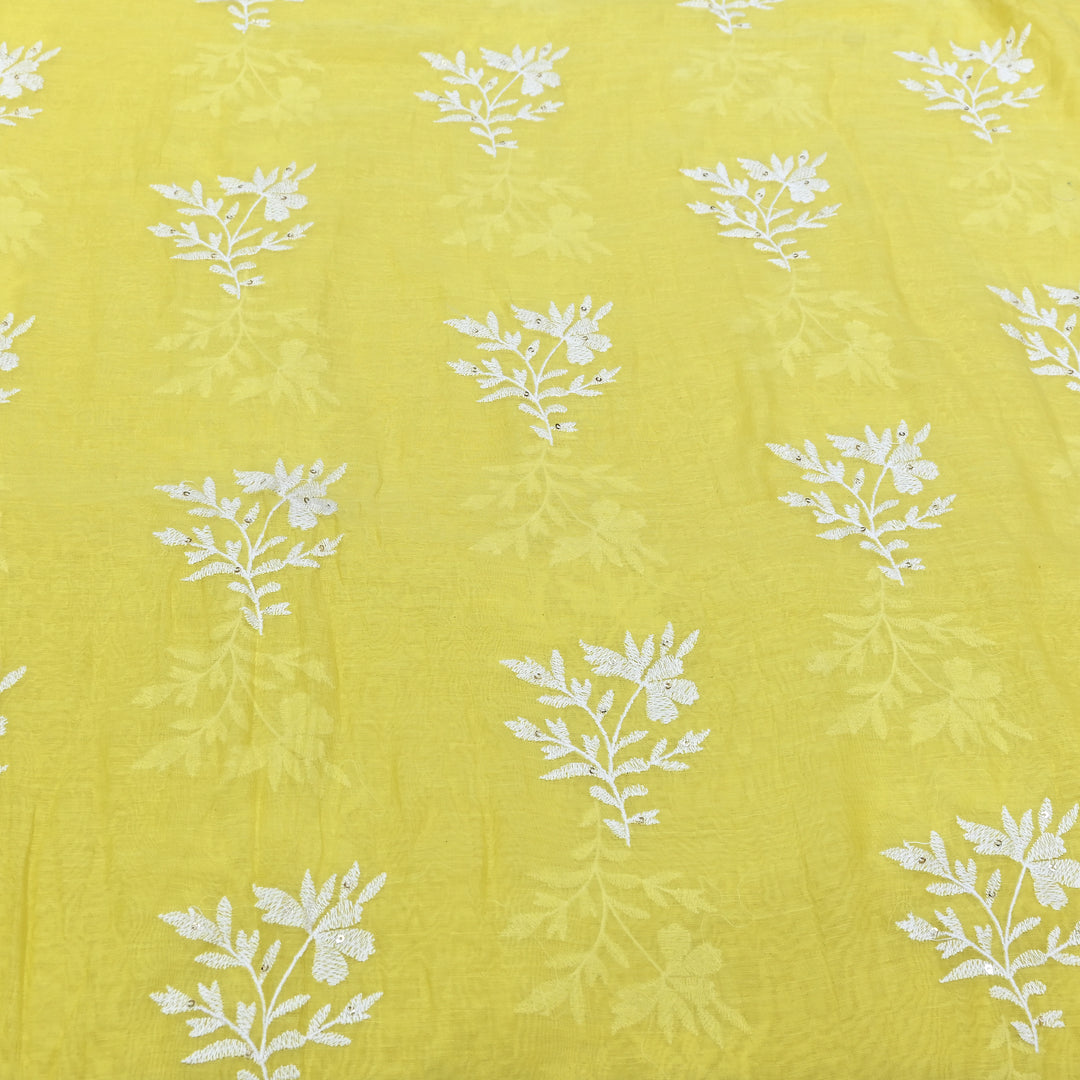 Lemon Yellow Color Mul Chanderi Thread Embroidery Fabric – Soft Lightweight Designer Fabric- V2359C-2