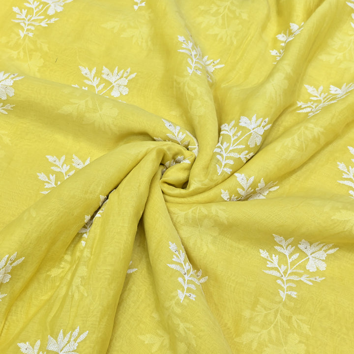 Lemon Yellow Color Mul Chanderi Thread Embroidery Fabric – Soft Lightweight Designer Fabric- V2359C-2