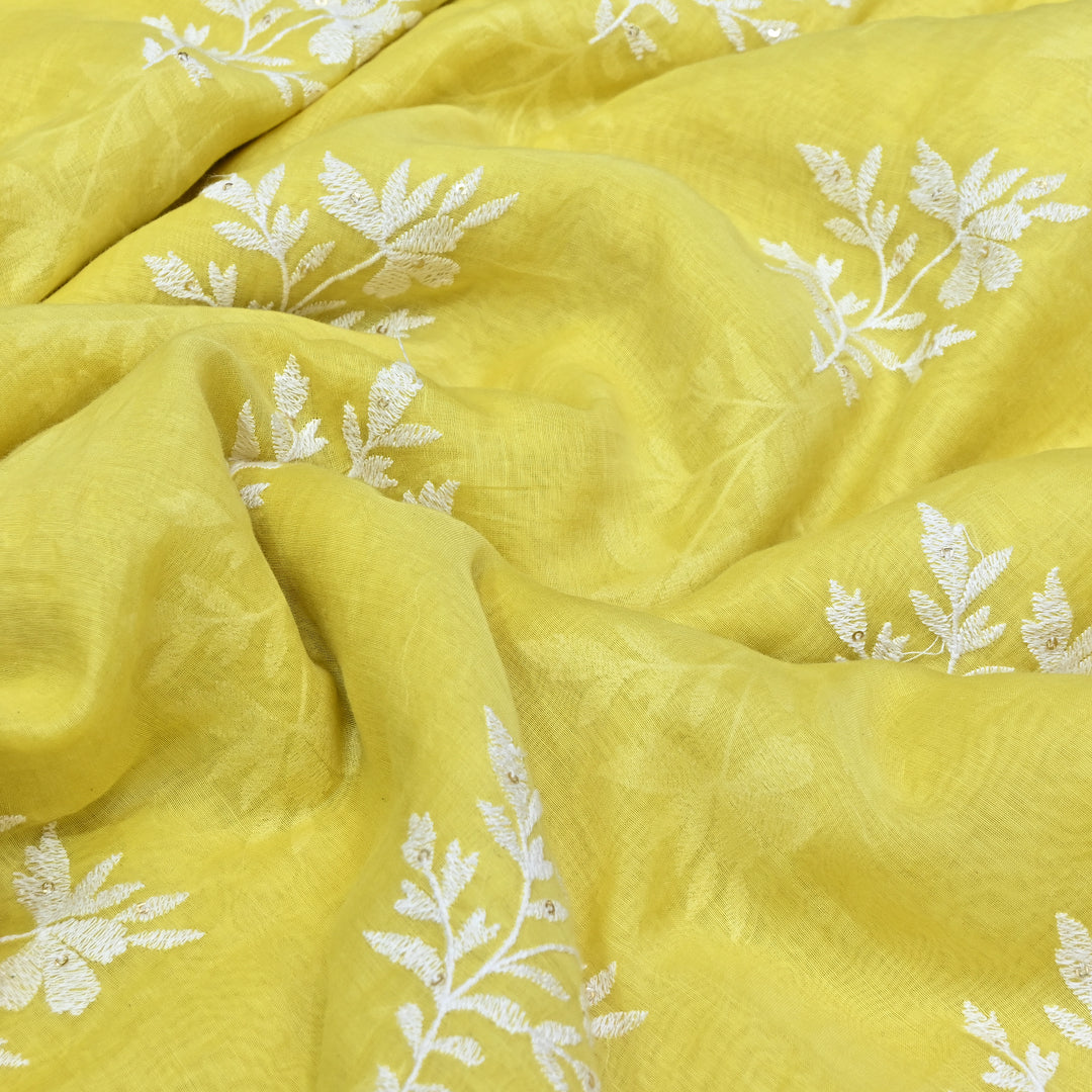 Lemon Yellow Color Mul Chanderi Thread Embroidery Fabric – Soft Lightweight Designer Fabric- V2359C-2