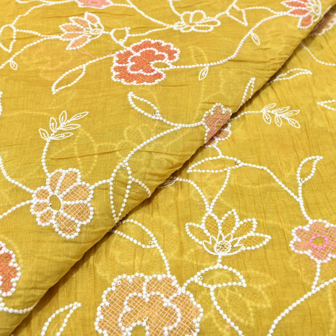 Mul Chanderi Floral Embroidery Fabric  – Lightweight Designer Summer Fabric GT0031-02