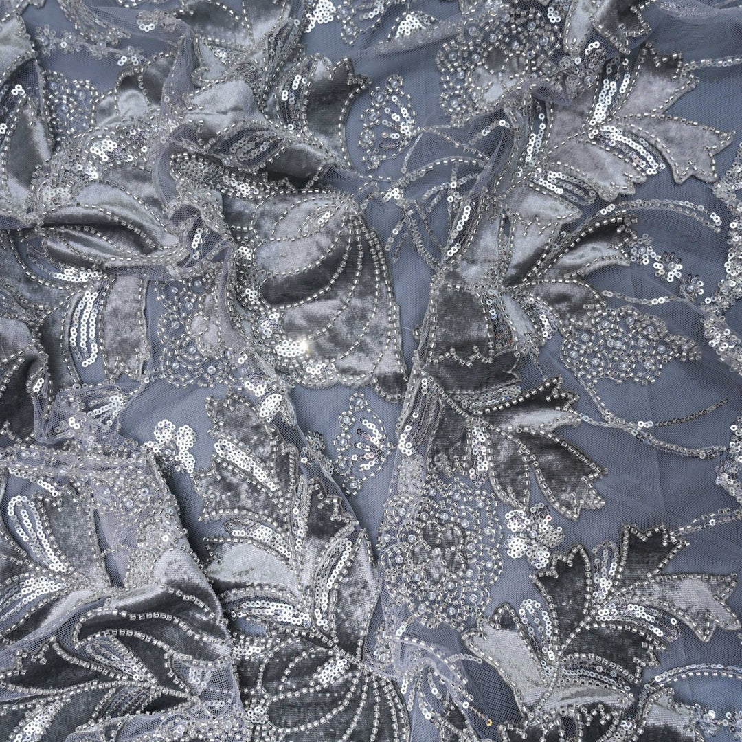 Imported Net Cutdana Sequins With Velvet Patchwork Embroidery Fabrics-24T75B