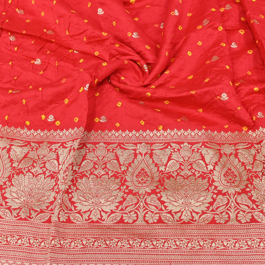 Exclusive Heavy Zari Botti Work And Premium Border Hand Work On Pure Silk Bandhani Fabric