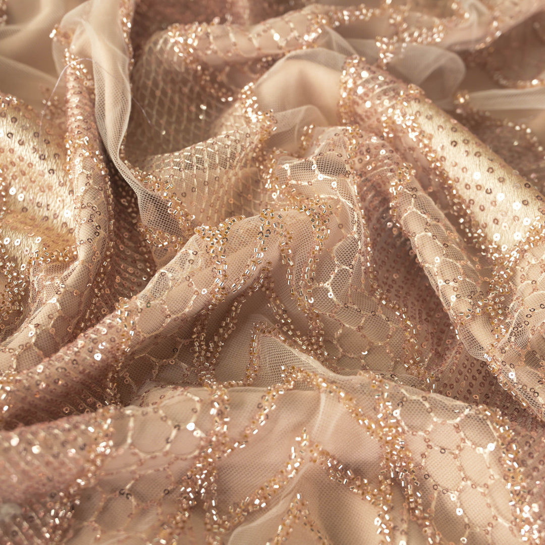 Beige Imported Net Fabric with allover Sequins & Zari Embroidery
