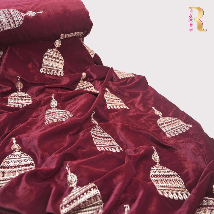 maroon Embroidery Zari Work velvet fabric |  947-266M