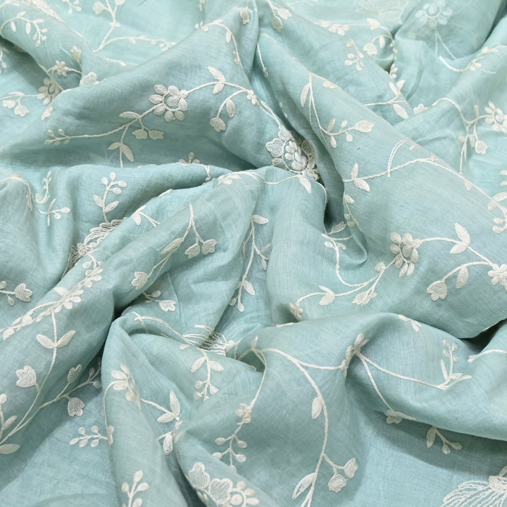AQUA BLUE COLOR MUL CHANDERI THREAD EMBROIDERY FABRIC GP4120-1