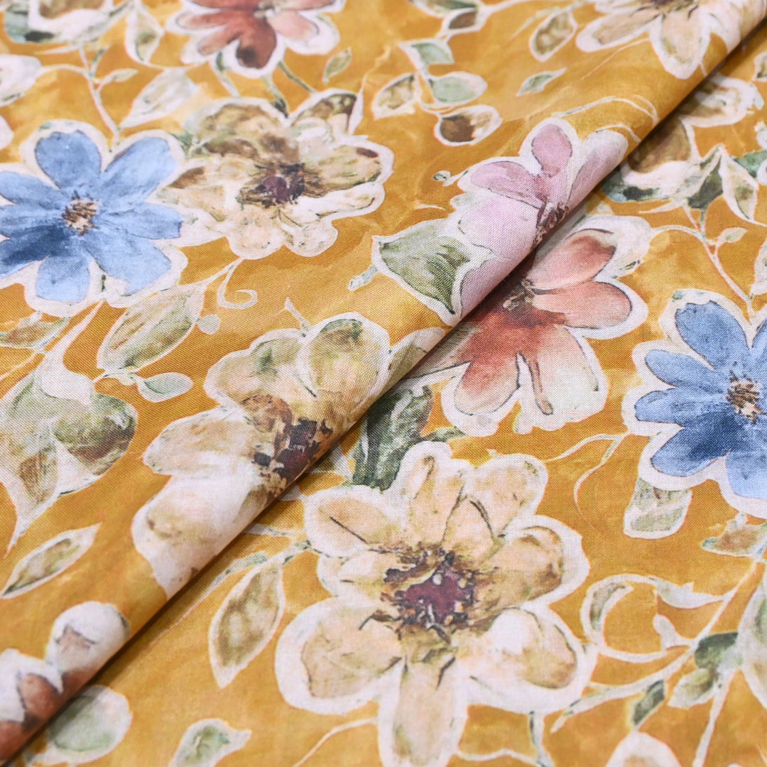 Mustard Yellow Floral Italian Lawn Print Fabric