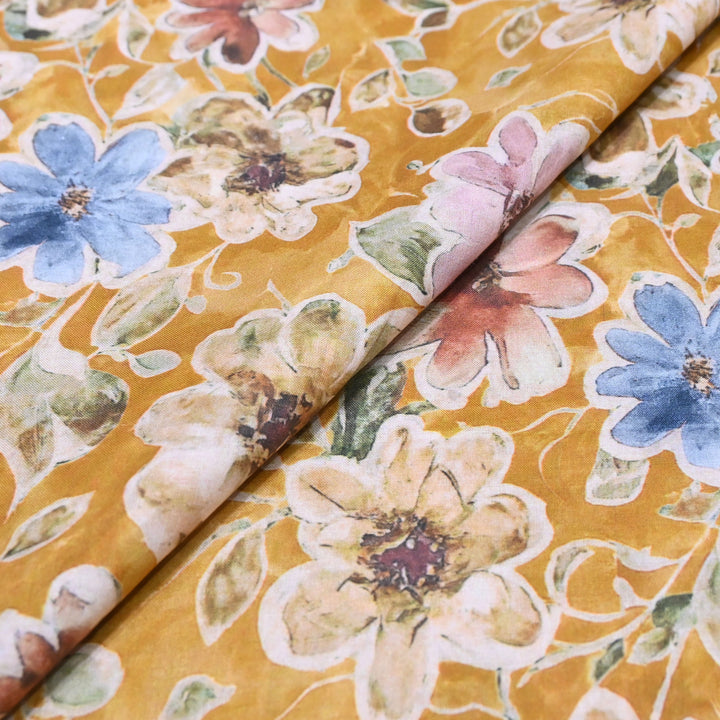 Mustard Yellow Floral Italian Lawn Print Fabric