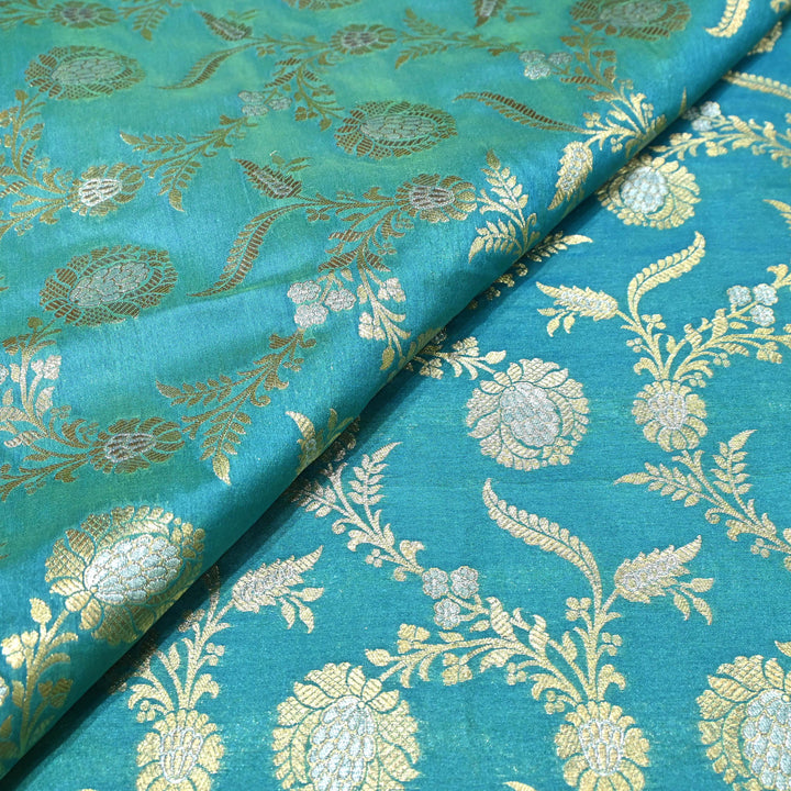 Teal Blue & Antique Gold Floral Brocade Fabric.