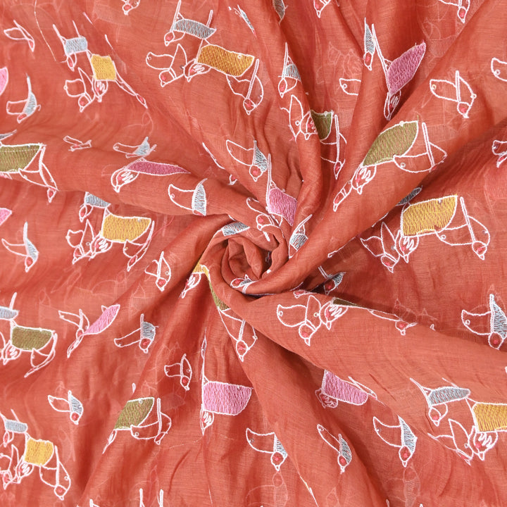 Rust Mul Chanderi Sequins Embroidery.