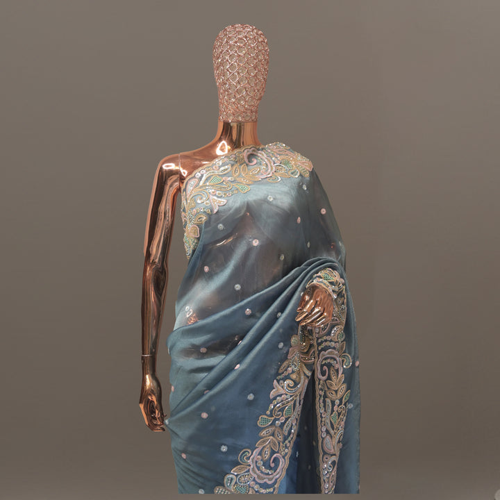 Powder Blue Tissue Handwork Saree