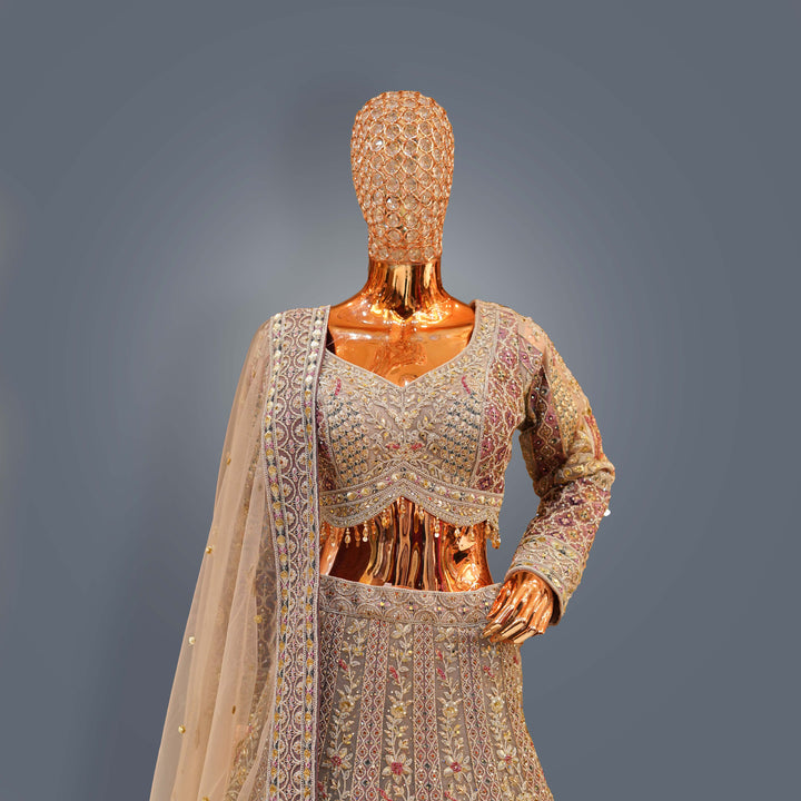 Antique Gold Bridal Lehenga Set with Zari, Cutdana and Hand Embroidery