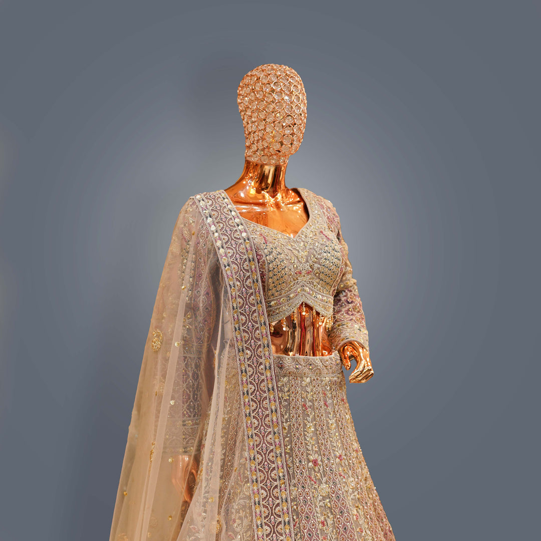 Antique Gold Bridal Lehenga Set with Zari, Cutdana and Hand Embroidery