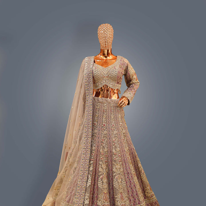 Antique Gold Bridal Lehenga Set with Zari, Cutdana and Hand Embroidery