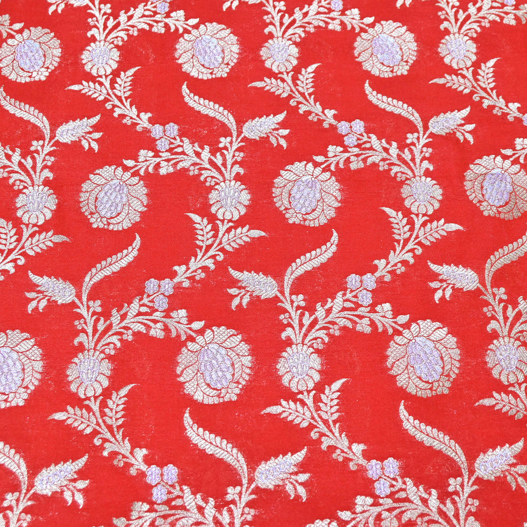 Vermilion Red & Silver Zari Floral Brocade Fabric.
