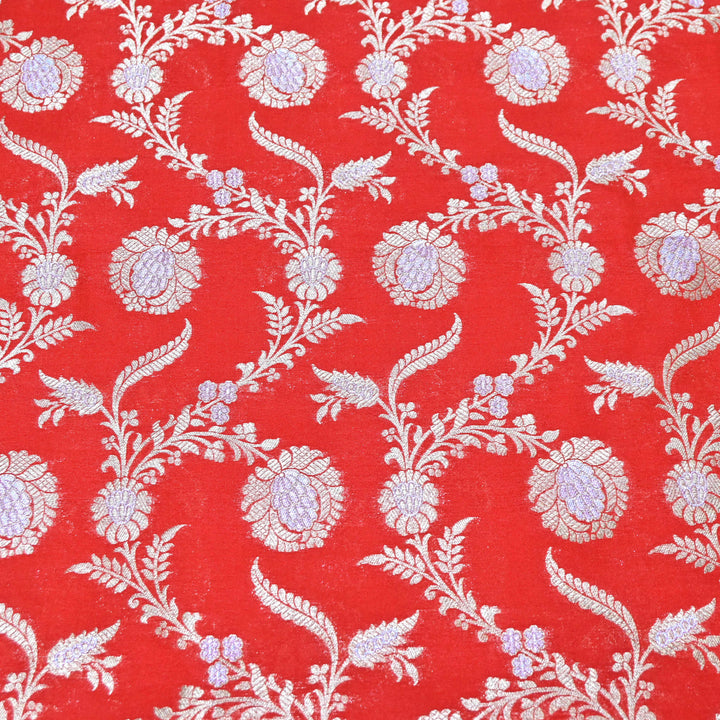 Vermilion Red & Silver Zari Floral Brocade Fabric.