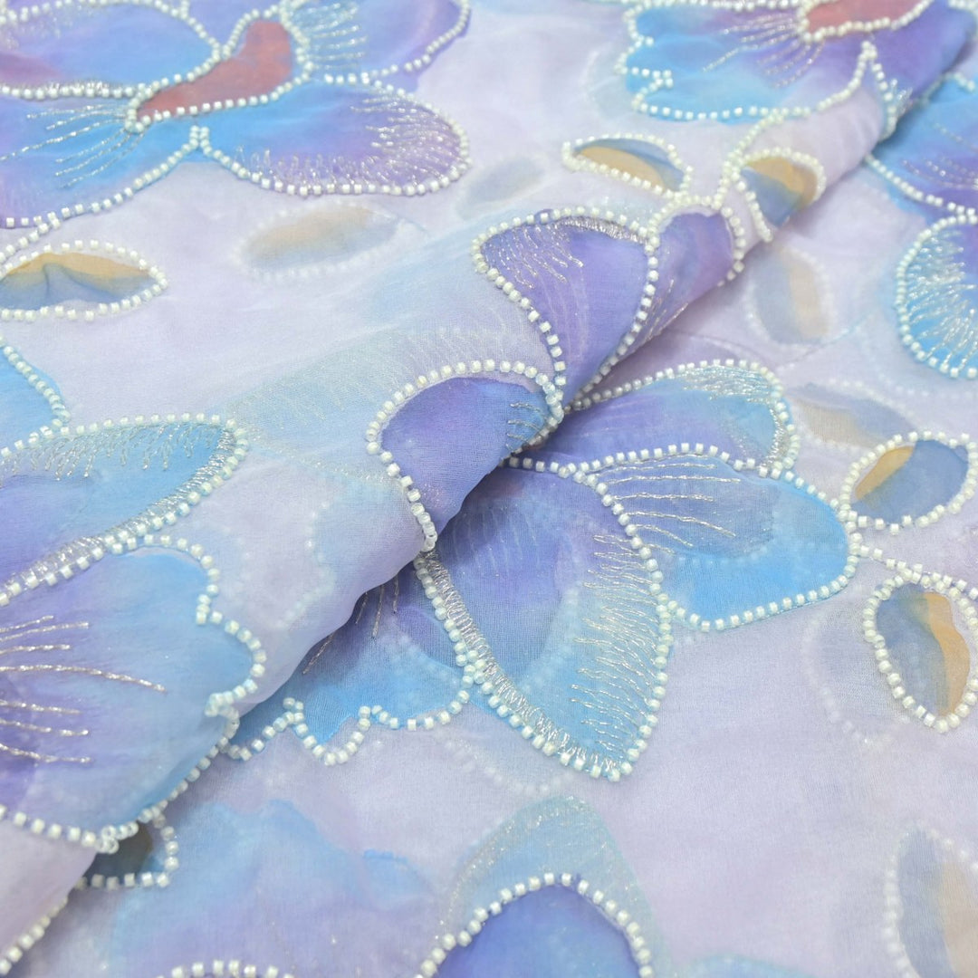 Nylon Organza Zari With Moti Embroidery Fabrics