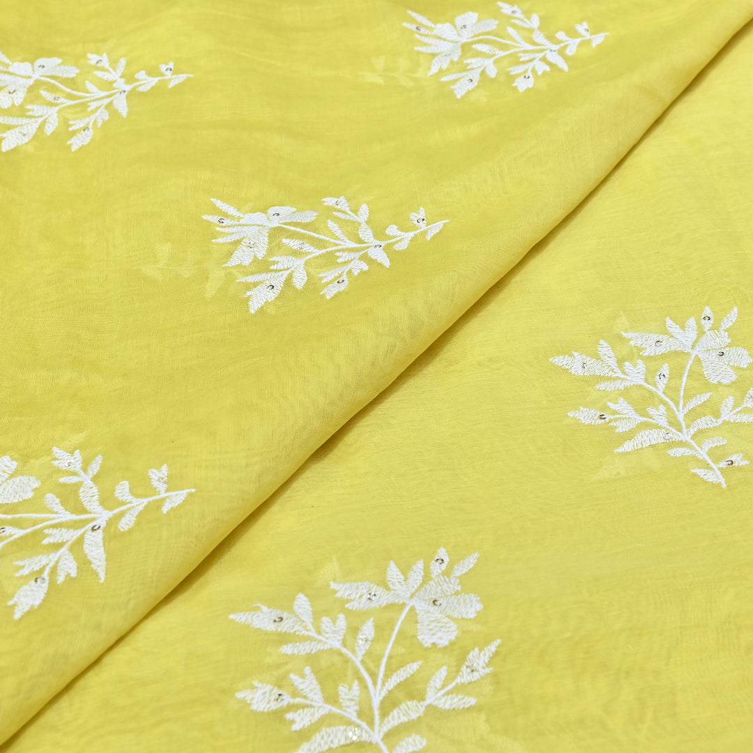 Lemon Yellow Color Mul Chanderi Thread Embroidery Fabric – Soft Lightweight Designer Fabric- V2359C-2