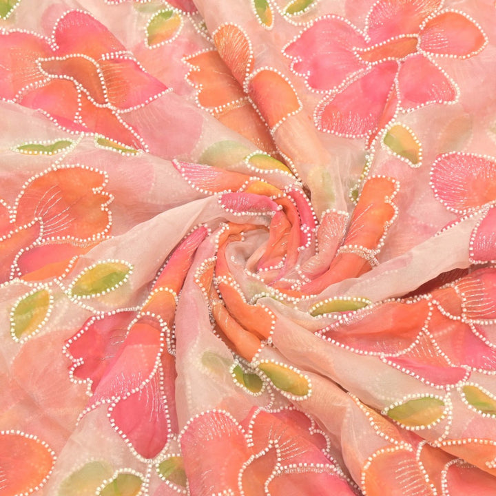 Nylon Organza Zari With Moti Embroidery Fabrics