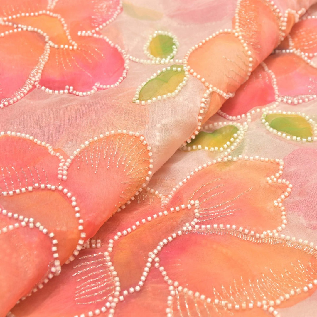 Nylon Organza Zari With Moti Embroidery Fabrics