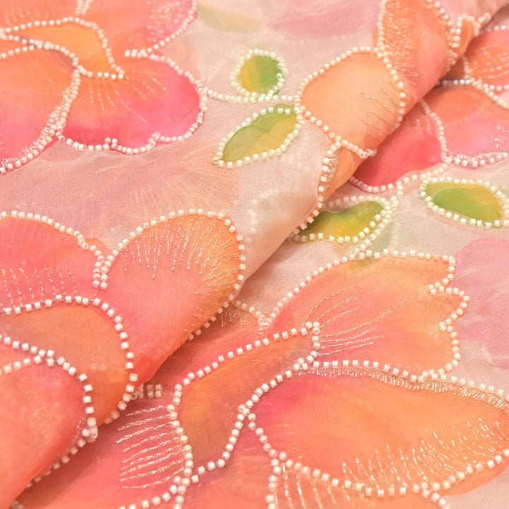 Nylon Organza Zari With Moti Embroidery Fabrics