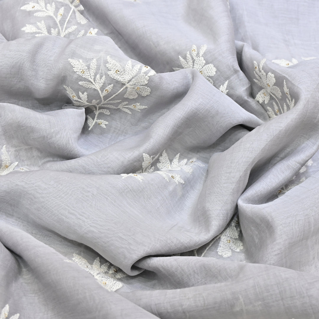 Grey Color Mul Chanderi Thread Embroidery Fabric – Soft Lightweight Designer Fabric- V2359C-3