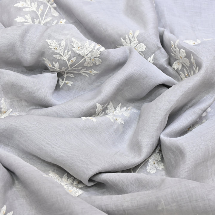 Grey Color Mul Chanderi Thread Embroidery Fabric – Soft Lightweight Designer Fabric- V2359C-3