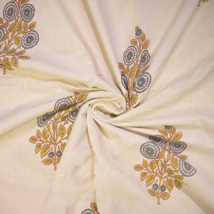 Beige Cotton Fabric with Green Gulnaar Print