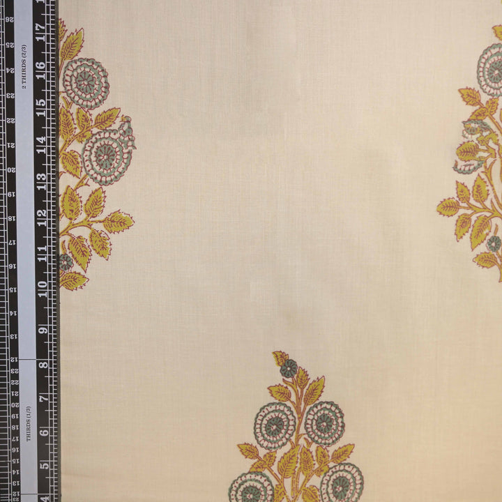 Beige Cotton Fabric with Green Gulnaar Print