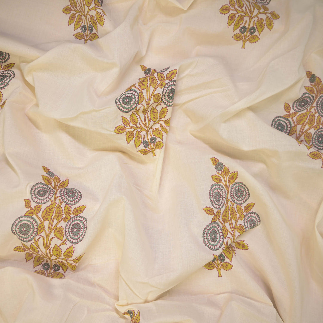 Beige Cotton Fabric with Green Gulnaar Print