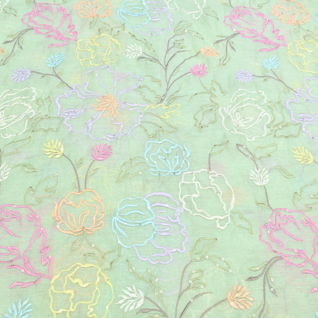 Pista Green Mul Chanderi Fabric with allover Thread Embroidery