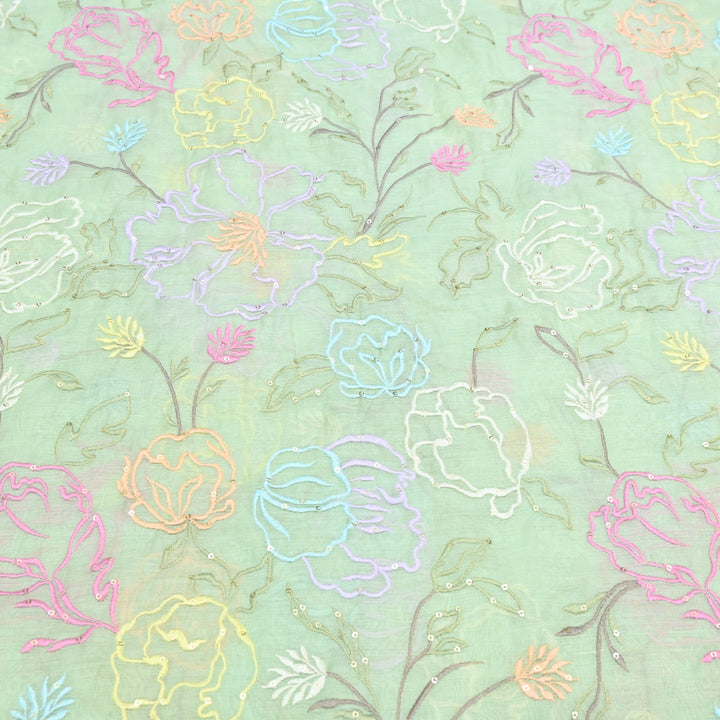 Pista Green Mul Chanderi Fabric with allover Thread Embroidery