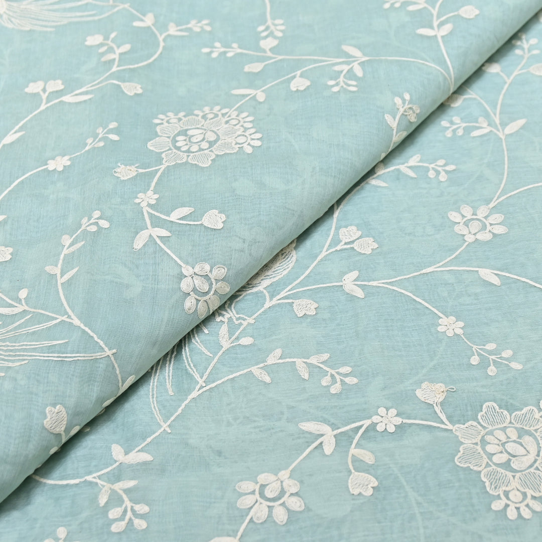 AQUA BLUE COLOR MUL CHANDERI THREAD EMBROIDERY FABRIC GP4120-1