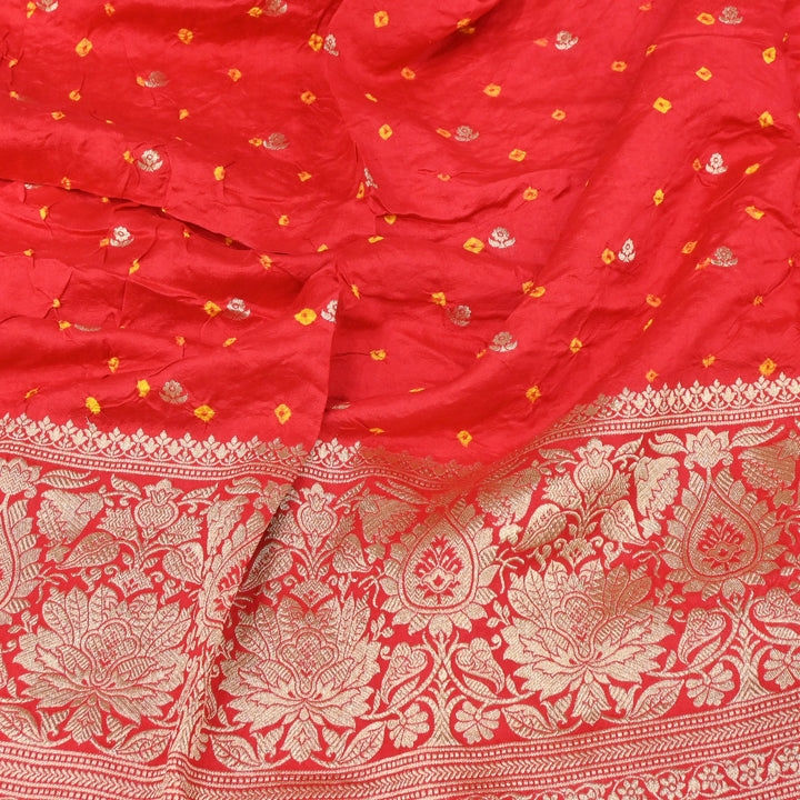 Exclusive Heavy Zari Botti Work And Premium Border Hand Work On Pure Silk Bandhani Fabric