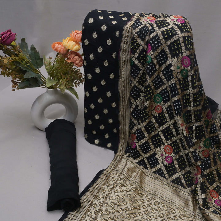 Black Zari Embroidery Unstitched Suit Set