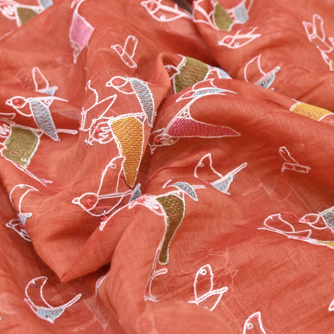 Rust Mul Chanderi Sequins Embroidery.