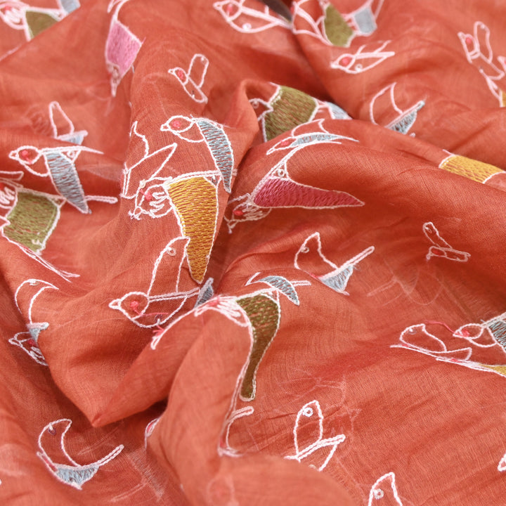 Rust Mul Chanderi Sequins Embroidery.