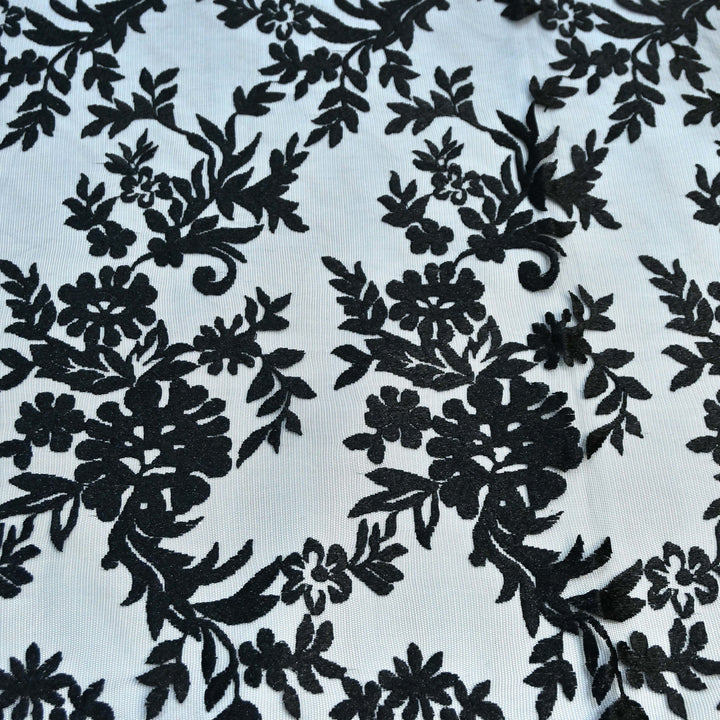Black Color Floral Thread Work Net Embroidery Fabric